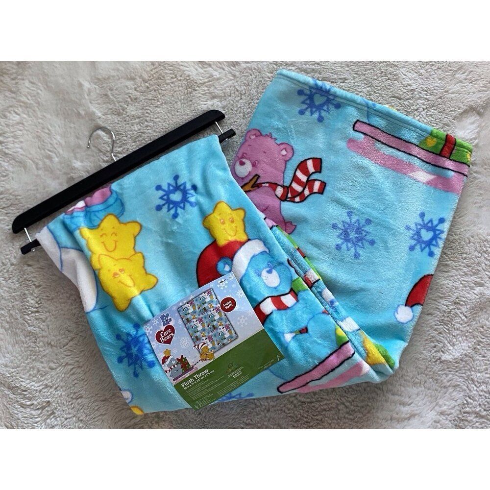 Care Bears Christmas Blanket Throw BLUE 50 X 70” Snowman Holiday Sled‎ Viral NEW - Picture 2 of 16